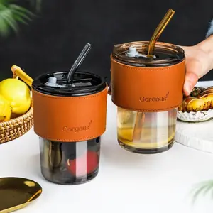 400ml-450ml Bambu Forma Copo De Café De Vidro com Palha e Tampa 14oz Fábrica Feita De Vidro Leite Caneca Copos De Chá para Crianças Personalizado Impresso