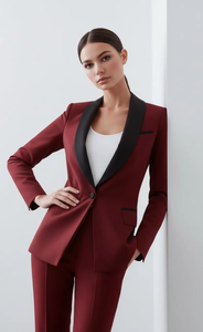 Conjunto de traje de esmoquin borgoña elegante para mujer, blazer a medida con solapa de satén negro y pantalones ajustados a juego, ropa formal elegante - Product Image 5