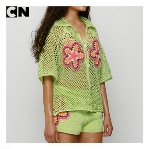 BSCI Certification Sweater Manufacturer Custom logo <b>Women</b> Vintage Cotton <b>Short</b> <b>Sleeve</b> Summer Knit <b>Cardigan</b> Sweater Crochet Shirt - Product Image 3