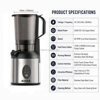 Extracteur de jus lent OEM ODM à écran tactile, moteur DC 250W entièrement en cuivre, 60 tr/min, faible bruit, corps en acier inoxydable, goulotte de 14 cm, facile à nettoyer