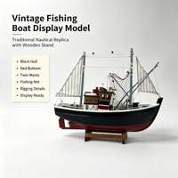 Modèle de bateau de pêche vintage personnalisé avec coque noire, fond rouge, deux mâts et détails de filet de pêche