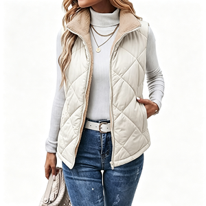 <strong>Women's</strong> Plaid Sherpa <strong>Fleece</strong> Woven Vest Stand Collar Zip-Up Puffer Quilted Jacket-Autumn/Winter/Spring Warm Windproof - Product Image 1