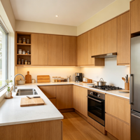 Meuble de cuisine en contreplaqué de bois naturel pleine hauteur sur mesure, en forme de L, avec comptoir de cuisson et rangement intégré pour les épices, idéal pour villa moderne