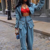 Ensemble en Jean Rétro Décontracté pour Femme, Veste Deux Pièces et Pantalon Large Unicolore avec Empiècement Ample pour l'Automne