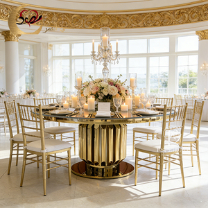 Ensemble de table à manger ronde moderne en acier inoxydable avec cadre doré pour la maison, l'hôtel, l'appartement, l'extérieur, meubles de salle à manger personnalisables - Product Image 1
