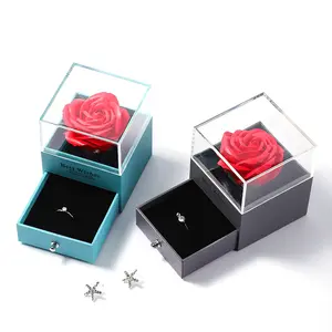 新奇珠宝包装亚克力抽屉设计单玫瑰戒指耳环项链首饰盒带花