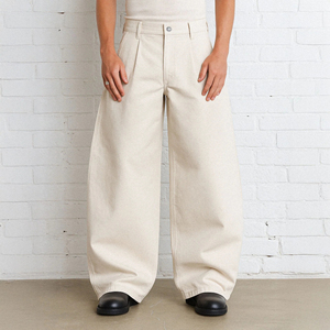 Pantalon plissé en coton <span class=keywords><strong>blanc</strong></span> pour homme, coupe ample, jambe large, légèrement évasée, avec poches plaquées cousues, prélavé et pré-rétréci, style <span class=keywords><strong>jean</strong></span> pour garçon - Product Image 1