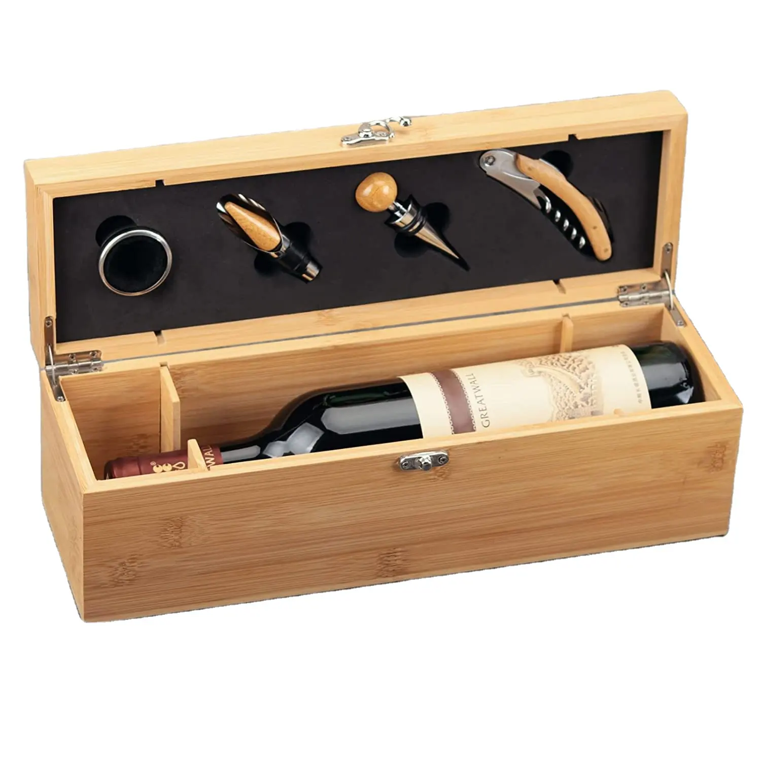 Ensembles d'accessoires pour le vin en bambou personnalisés Boîte décorative en bois à couvercle coulissant pour bouteille unique de vin à grain de bois exposé