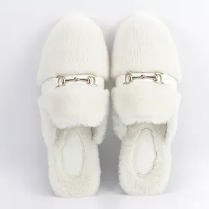 Custom Women's Winter Chain Cream Mules Fluffy Loafers Flats Slides Luxurious Faux Mink Fur Slippers