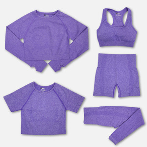 Ensemble de Yoga <span class=keywords><strong>5</strong></span> Pièces, Haut Court de Fitness Rose à Manches Longues, Vêtements de Sport Personnalisables, Ensembles d'Entraînement Sans Couture pour l'Automne - Product Image 5