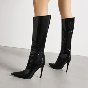 Bottes mi-mollet en cuir noir brillant pour femme, style décontracté, sexy et luxueux, pour l'automne et l'hiver - Product Image 3