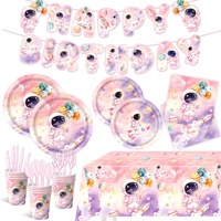 Vaisselle jetable d'anniversaire sur le thème de l'espace, ciel étoilé rose, assiettes en papier, gobelets, serviettes, nappe, guirlande, décorations d'anniversaire