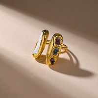 18K Vergoldeter Natürlicher Regenbogen-Turmalin & Barock-Perlen Verstellbarer Statement-Ring Breiter Ring Modeschmuck