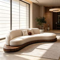 Canapé incurvé en velours crème avec base en bois massif, chaise longue moderne en arc pour salon de villa