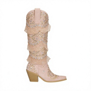 Bottes de cowgirl Loretta sexy à talon épais, hauteur genou, style western, avec strass blancs, pour mariée, semelle intérieure en EVA, faible MOQ - Product Image 4