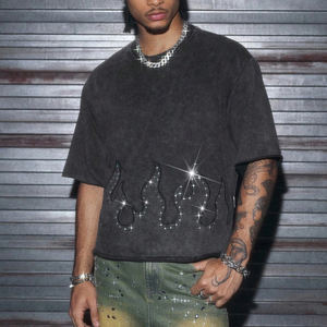 Camisetas Oversize Personalizadas con Diamantes de Imitación y Borde Deshilachado, Estilo Streetwear, Bling, Manga Corta, Vintage, Lavado Ácido - Product Image 1