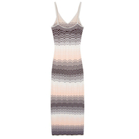 Robe midi en maille ajustée à rayures ondulées et blocs de couleur, col en V, sans manches, style spaghetti sexy pour femme