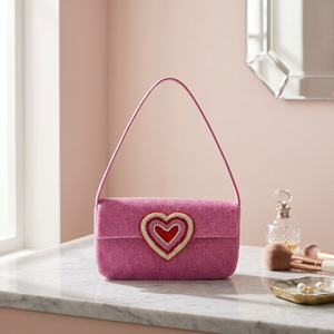 Pink Heart Embroidered Textile Shoulder Bag Envelope Shape Flap Closure <b>Cute</b> Evening Party <b>Purse</b> Handmade - Product Image 1
