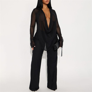 Tenues pour femmes, haut court à manches longues et col en V profond, pantalon, ensemble sexy en maille pour femmes, 2 pièces - Product Image 2