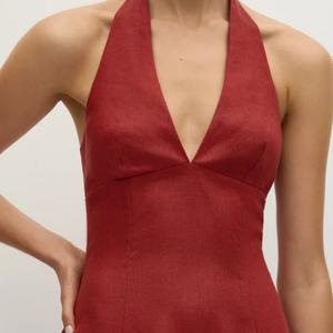 Vestido Midi Informal de Lino y Algodón para Mujer, Estilo Sexy con Decoración de Encaje, Venta Caliente, Estampado Natural - Product Image 3