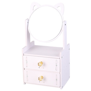 Wooden Cosmetic Storage Box With <b>Mirror</b> Desktop Makeup Organizer For Student Dormitory - Product Image 5