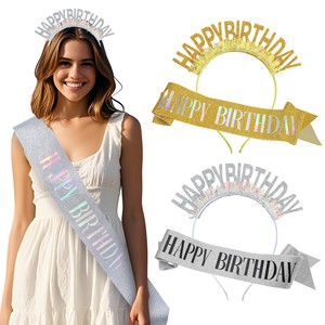 Ensemble serre-tête et écharpe Joyeux Anniversaire, Paillettes Or Argent, <span class=keywords><strong>Accessoires</strong></span> de Fête d'Anniversaire - Product Image 2