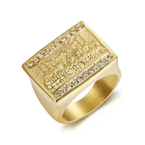 Nouveau Hip Hop Titane Acier 14k Bague En Or Diamant Christian Treize Apôtres Dernière Cène Hommes Bague À La Mode