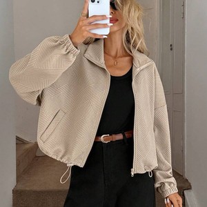 Veste zippée à col montant pour <span class=keywords><strong>femme</strong></span> 2026, coupe ample, ourlet à cordon de serrage, veste de baseball texturée - Product Image 5