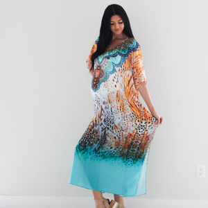 Boho Maxi <b>Dress</b> Women Floral Print Cotton Loose Fit Half Batwing <b>Sleeve</b> Scoop Neck <b>Summer</b> Casual Wear Kaftan <b>Dress</b> For Women - Product Image 1