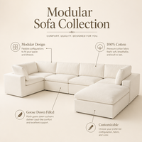 Sofá Seccional Modular de Lujo Blanco Nube, Tapizado en Tela, Respaldo Acolchado, Estructura de Madera Sólida, Múltiples Asientos para Hotel/Apartamento