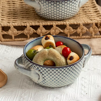 Harmony Nordic Retro Geometrisch Geprägte Schale mit Doppelgriffen für Haushalt und Restaurant, Geeignet für Nudeln, Suppe, Reis und Brot