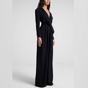 Combinaison élégante noire pour <span class=keywords><strong>femme</strong></span>, taille haute, col en V profond, manches longues, ceinturée, longueur genou, jambes larges, personnalisable, pour soirée formelle - Product Image 2