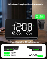 Adaptateur secteur multi-ports innovant avec horloge de bureau à LED miroir, chargeur USB-C rapide rétractable 45W avec veilleuse