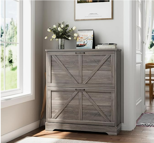 Scarpiera ribaltabile stile rustico a 2 livelli, mobile contenitore per scarpe in legno grigio per ingresso - Product Image 1