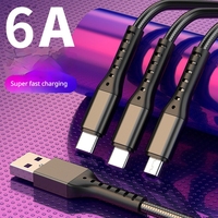 Kabel USB 3 in 1 Pengisian Cepat 66W 6A, Kabel Data Sinkronisasi Multifungsi Berbahan Nilon Kepang untuk Perangkat Huawei Tipe-C dan Android