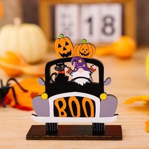 Halloween Decorations <strong>Wooden</strong> Car Figurine Tiny <strong>Pumpkin</strong> BOO Desktop Decor Ghost Display Stand - Product Image 4