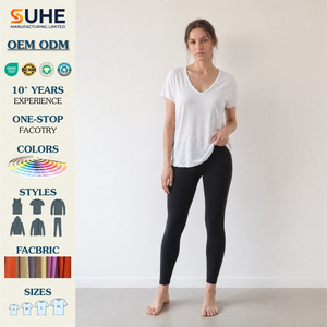 T-shirt décontracté pour femme SUHE, col en V, coupe ample, manches courtes, 100 % coton lavé, brodé, toutes saisons, blanc, anti-rétrécissement - Product Image 2