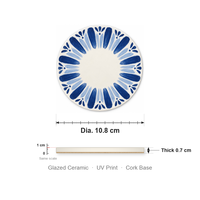 Sous-verre en céramique rond de 10,8 cm, motif pétales radiaux bleus, impression UV émaillée, base en liège, pour table basse, décoration intérieure, cadeau