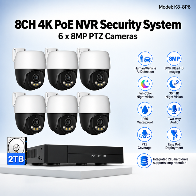 8MP PoE PTZ Security Camera System 4K NVR Kit Human Auto Tracking 2TB HDD Surveillance Set for Home Business