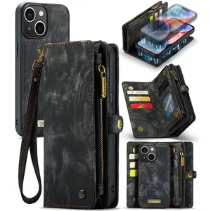 CASEME Zipper bolso destacável capa de couro cartão carteira Stand Holder Mount para iPhone 15 Pro max Plus Phone Case