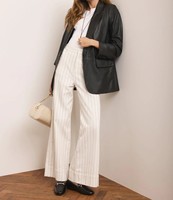 Jean droit blanc à fines rayures, taille mi-haute, coupe ample, en coton/polyester, résistant à la décoloration, lavable, style vintage, élégant et décontracté