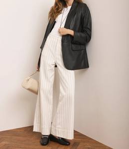 Jean droit blanc à fines rayures, taille mi-haute, coupe ample, en coton/polyester, résistant à la décoloration, lavable, style vintage, élégant et décontracté - Product Image 2