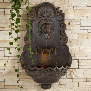 מזרקת קיר לגינה בסגנון ארט דקו מסורתית, בצורת ראש אריה, מוארת לד, מופעלת חשמלית, עשויה שרף פיברגלס, התקנה קלה. - Product Image 2