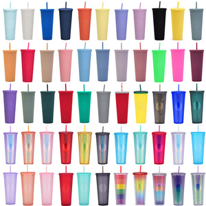 24oz Double Wall Plastic Black Matte Cups Colored Reusable Venti Studded Tumblers with Lids and Straws
