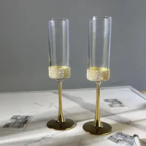 150 ml Gold Galvanisierung Stiel Diamant Umgebung Kristall Viereck Champagnergläser Gläser Hochzeit Flöten