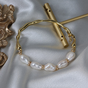 Luce di lusso naturale acqua dolce irregolare perla barocca <span class=keywords><strong>bracciale</strong></span> con 14K pieno di oro braccialetto vera perla catena a mano per le donne - Product Image 4