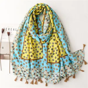 Korean version of all matching yellow blue polka dot silk scarf long fringe winter warm shawl cotton linen feel scarf