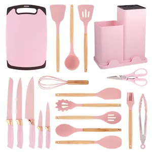 Commercio all'ingrosso 19 pezzi accessori da cucina Non bastone spatola in Silicone utensili da cucina Set con manico in legno