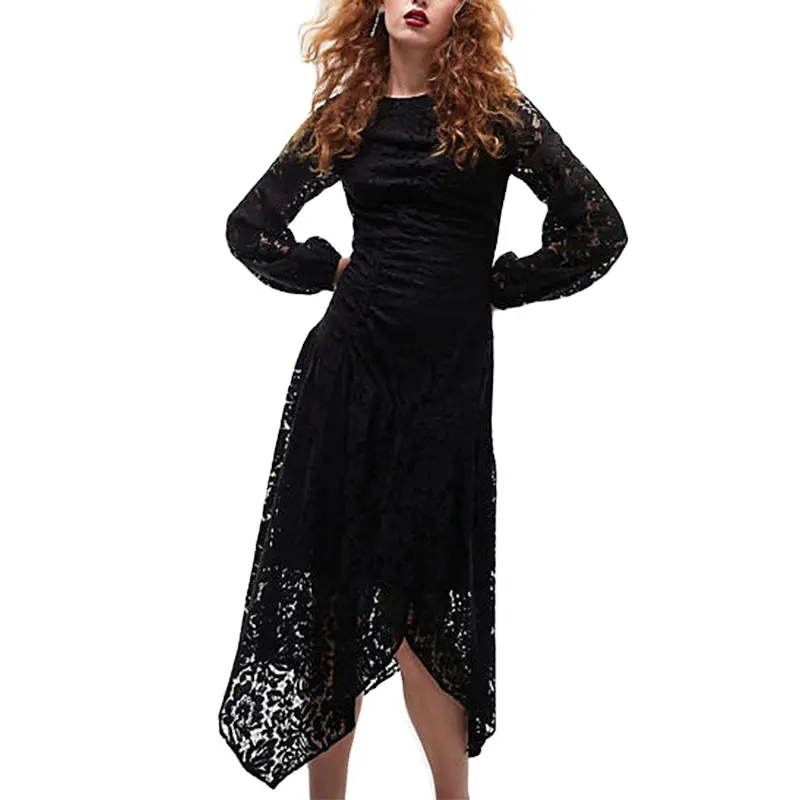 New Arrival Round Neck Long Angel Sleeve Ruched Lace Regular Fit Elegant Casual Midi Dress
