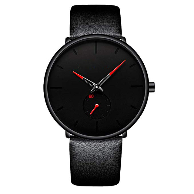 Matte Black Stainless Steel Citizen Movement Leather Strap Sport Watch Glass Dial Waterproof Men's Minimalist Watch